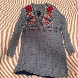 Johnny Was Blue Blouse with Red Floral Embroidery